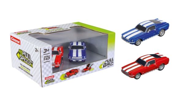 CARRERA15813030 - Pack de 2 coches FORD Mustang 1967 azul y rojo de fricción - 1