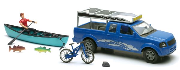 NEW37385C - Caja con un Pick-up azul; un personaje; un barco y accesorios Escala: 1/18 - 1