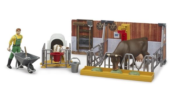 BRU62611 - Caballeriza con vaca y ternero con granjero - 1