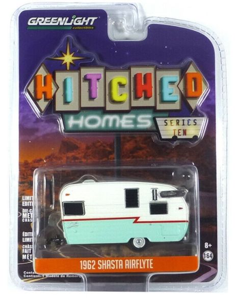 GREEN34100-E - Verde y blanco 1962 SHASTA Airflyte 1 eje caravana Hitched Homes serie vendida en blíster - 1