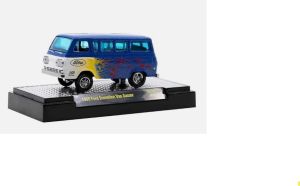 M2M-31600-GS14 - Furgoneta Ford Econoline de 1965, modelo Gasser azul con llamas, todavía en su blíster.