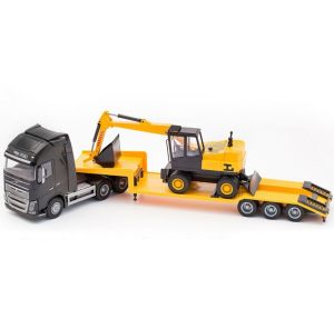 EMEK33753 - VOLVO FH16 6x4 negro con soporte de 3 ejes y excavadora LANNEN