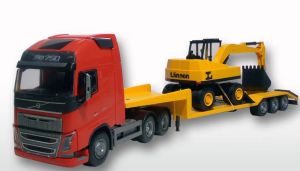EMEK33755 - VOLVO FH16 6x4 rojo con soporte de 3 ejes y excavadora LANNEN