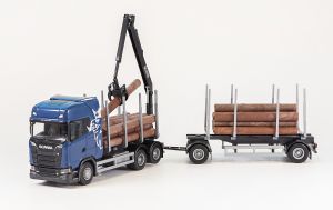 EMEK70674 - SCANIA S730 6x4 rígido azul con remolque maderero de 1+1 ejes