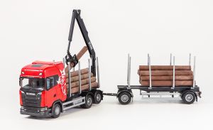 EMEK70675 - SCANIA S730 6x4 rígido rojo con remolque maderero de 1+1 ejes