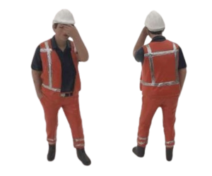 ADF32143 - Personaje de construcción sosteniendo su cabeza.