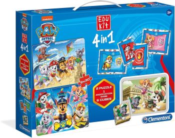 CLE18097 - EDUKIT - Rompecabezas 4 en 1 de dominó 30 piezas y 6 cubos La PAT'PATROUILLE