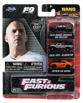 JAD32481 - 3 nanovehículos - DODGE Charger SRT Hellcat 2020 Negro - JEEP Gladiator Gris 2020 - TOYOTA GR Supra Naranja - RÁPIDOS Y FURIOSOS
