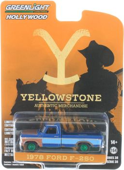 GREEN44980-E_VERT - FORD F-250 1978 Azul con llantas verdes de la serie de TV YELLOWSTONE en blister