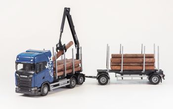 EMEK70674 - SCANIA S730 6x4 rígido azul con remolque maderero de 1+1 ejes