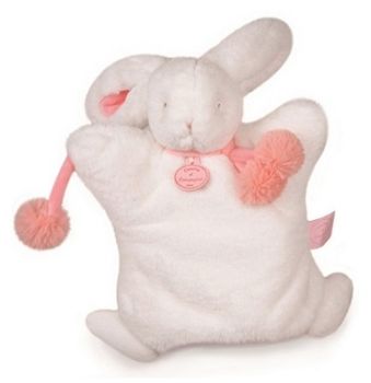 DC2742BC - Marioneta Conejo Pompón Blanco y Coral 25 cm