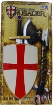 LPE52276R - Kit de caballero - Armadura roja y blanca; espada y hacha en juguete
