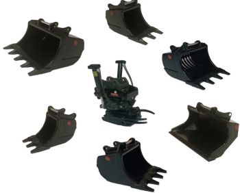 GF108-SET2 - Conjunto de rotor basculante OILQUICK OQTR-33 con pinza y varios cucharones para excavadoras de 24 a 33 toneladas