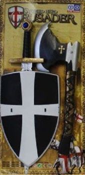 LPE52276N - Kit de caballero: armadura negra y plateada; espada y hacha de juguete.