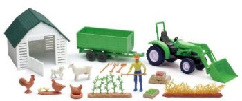 NEW04065B - Conjunto de granja con animales de tractor verde y remolque de granjero y edificio