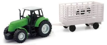NEW05685D - Tractor verde con remolque de ganado y 1 vaca