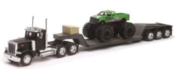 NEW11273 - PETERBILT 379 con góndola rebajada de 3 ejes y monster truck verde