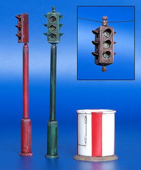 PLS193 - 3 semáforos de 8 cm de altura y 1 caseta de vigilancia en miniatura para un agente de 2;5 cm de diámetro para montar y pintar