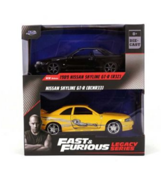JAD35696 - TWIN PACK - NISSAN Skyline TT-R R32 1989 negro y NISSAN Skyline GT-R R33 amarillo FAST and FURIOUS