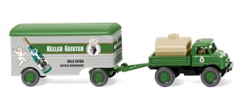 WIK037106 - MERCEDES UNIMOG U406 4x2 con plataforma cargada con cisterna y su remolque de carrocería rígida 2 ejes Keller Geister